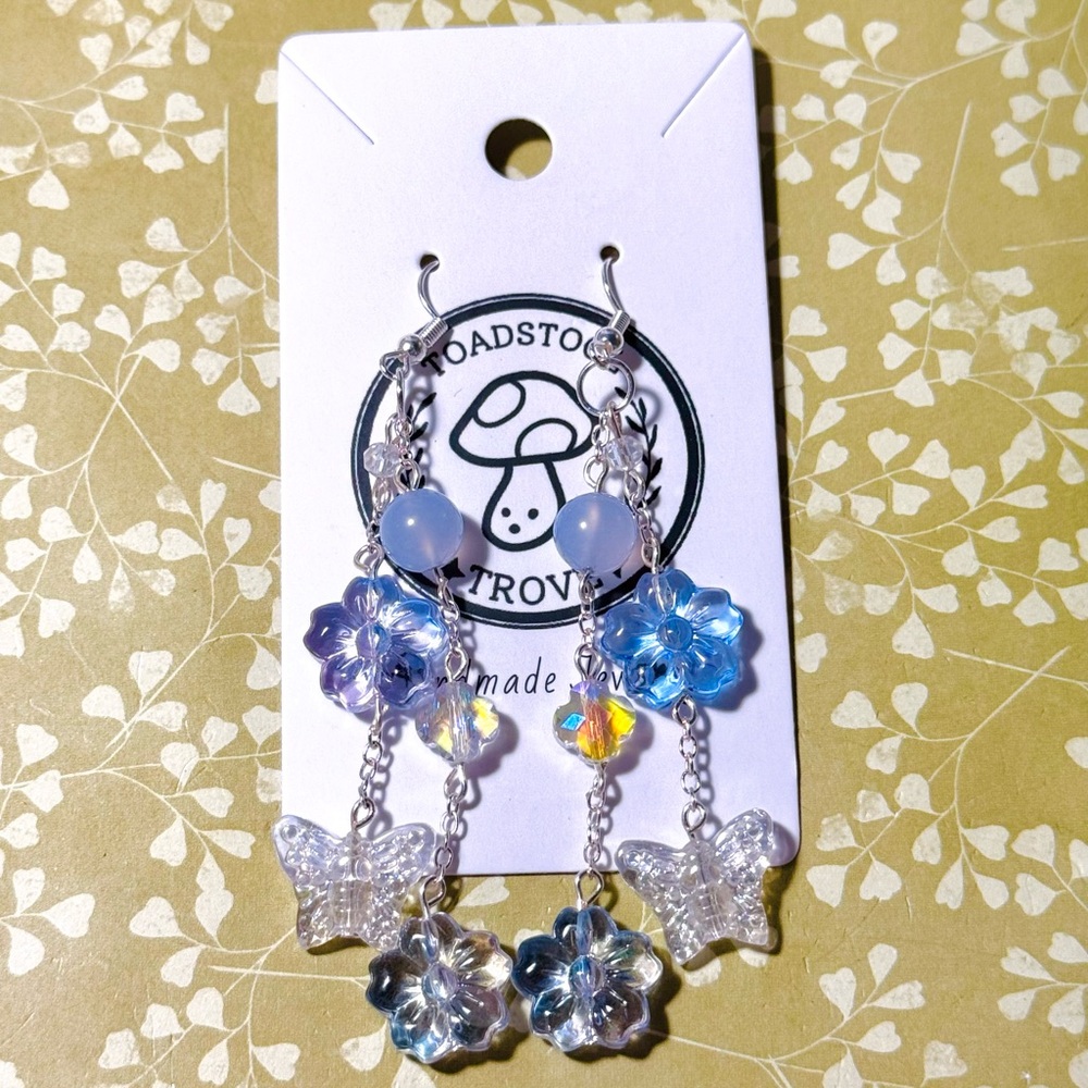 Blue and Silver Flower with Blue Chalcedony Semi-Precious Dangle Earrings